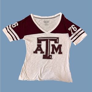 E5 Texas A&M University Varsity Tshirt 76 Size L Glitter Patch‎ V-Neck Embroider